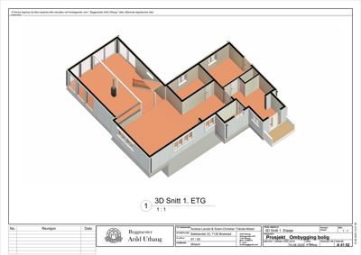 3D-visualisering (rendering) av et snitt gjennom 1. etasje i en bolig, som viser romfordeling, vinduer og trapp.