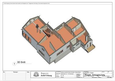 3D-snittegning som viser bygningens indre oppbygning, veggtykkelse, takkonstruksjon og romfordeling.