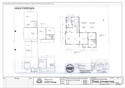 Etasjeplaner for en boligprosjekt (Mesterhus) som viser romfordeling, mål og eksisterende/nybygd areal.