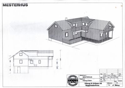Tegning som viser fasadeoppsettet (fra fronten) og et snitt gjennom huset. Tegningen inneholder mål og er en del av en byggesak.