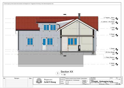 Snittegning (Section XX) som viser bygningens tverrsnitt, romfordeling og konstruksjon.