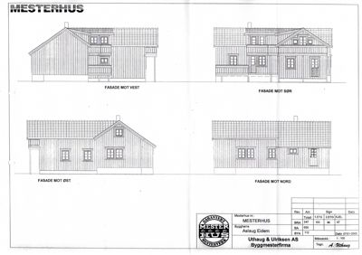 Fasadetegning som viser bygningens utsyn mot de fire hovedretningene (Vest, Sør, Øst, Nord).