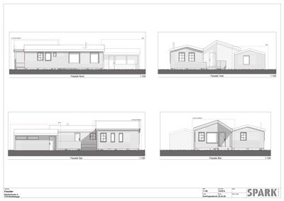 Fasadetegning som viser bygningens utseende fra fire sider (Nord, Vest, Sør, Øst) med mål og detaljer.