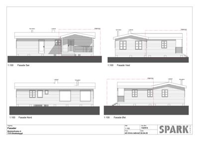 Fasadeopprikk for en bygning med utsnitt av alle fire sider (Nord, Sør, Øst, Vest).