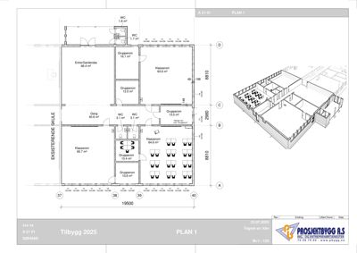 Etasjeplan (PLAN 1) for en skolebygning med romfordeling, arealer og plassering av dører og vinduer.