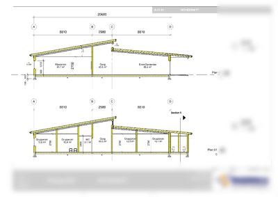 Hovedsnitt (A-A og B-B) som viser tverrsnitt gjennom bygningen med romfordeling, høyder og takhelling.