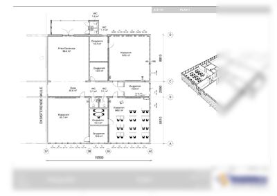 Etasjeplan (PLAN 1) for en skolebygning med romfordeling, arealer og plassering av dører og vinduer.
