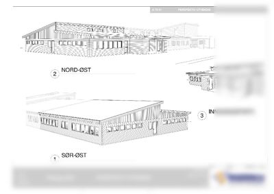 Perspektivtegning (3D-visualisering) av bygningens utvendige fasader og inngangsparti.