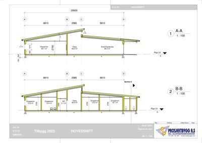 Hovedsnitt (A-A og B-B) som viser tverrsnitt gjennom bygningen med romfordeling, høyder og takhelling.