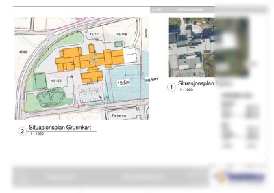 Situasjonsplan som viser tomtens beliggenhet, naboeiendommer, veier, parkeringsplasser og en beregning av bruksareal (BYA) og %-BYA.