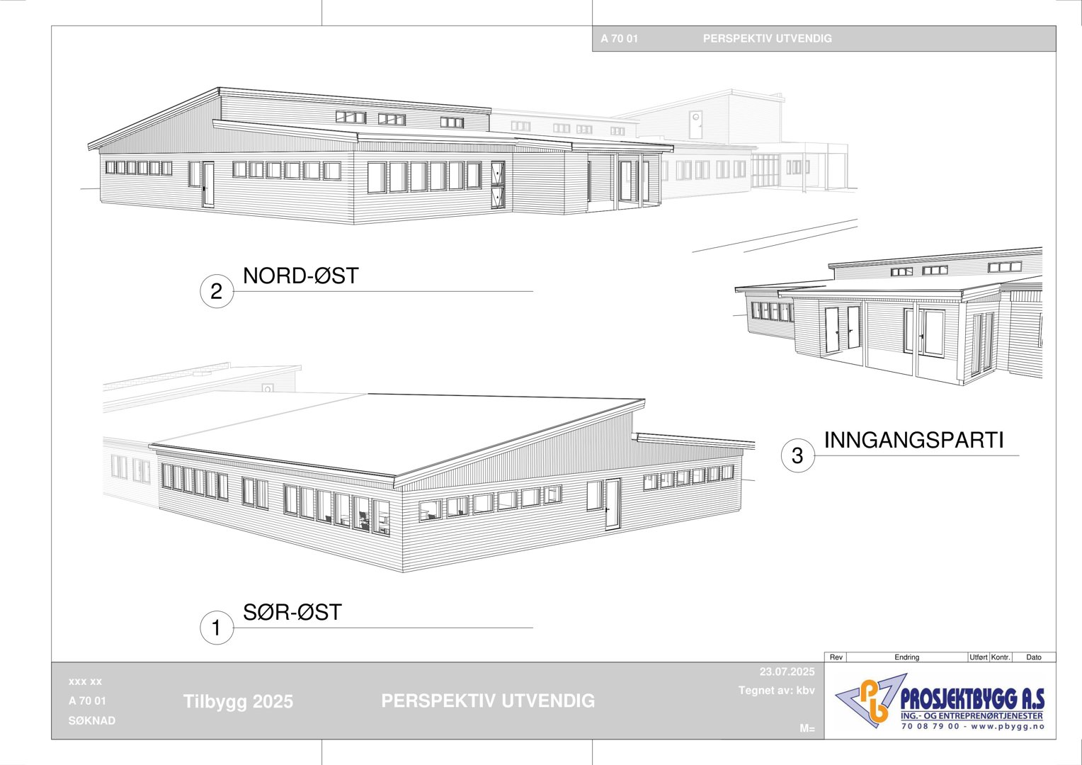 Perspektivtegning (3D-visualisering) av bygningens utvendige fasader og inngangsparti.