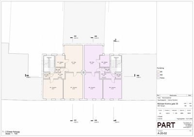 Etasjeplan for 2. etasje i et nybygg, som viser romfordeling, arealer og fellesområder.