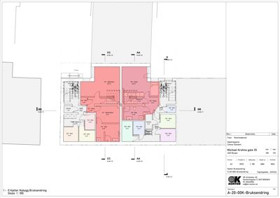 Etasjeplan (brukssendring) som viser romfordeling, arealer og funksjoner for et leilighetsprosjekt.