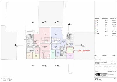 Etasjeplan for kjeller (0) i et nybygg, som viser romfordeling, arealer og endringer (Tiltak 1).