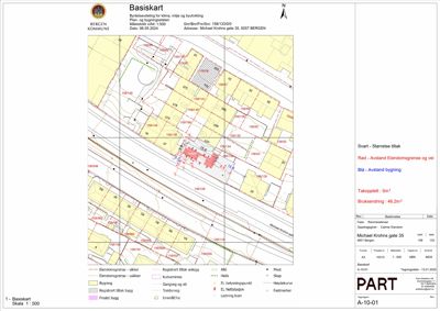 Basiskart som viser eiendomsgranser, bygningers plassering og areal for en byggesak.