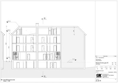 Snittegning (BB) av eksisterende bygning på Michael Krohns gate 35, som viser romfordeling, høyder og konstruksjon.