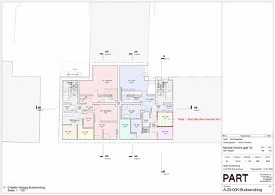 Etasjeplan for kjelleretasje (Bruksendring) som viser romfordeling, arealer og tilknytning til andre enheter.