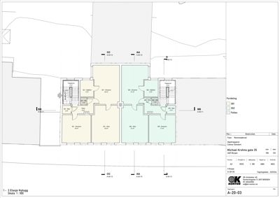 Etasjeplan for 3. etasje i et nybygg, som viser romfordeling, arealer og fellesområder for to leiligheter.