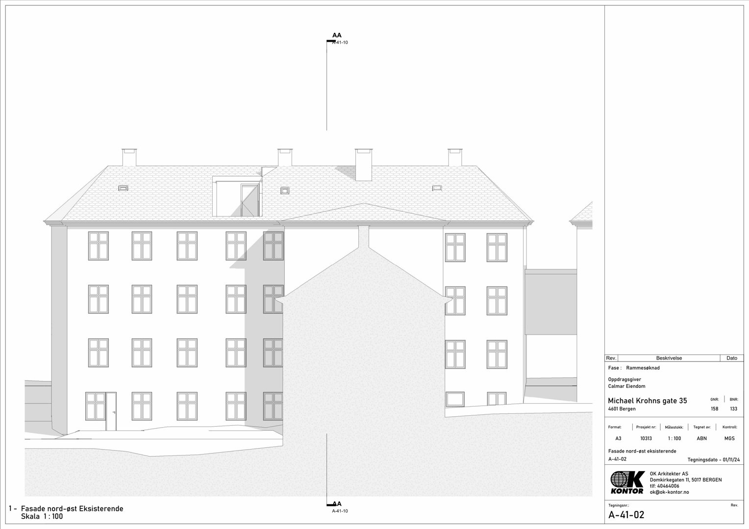 Fasadetegning av eksisterende bygning (Michael Krohns gate 35) sett fra nord-øst.