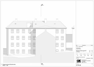 Fasadetegning av eksisterende bygning (Michael Krohns gate 35) sett fra nord-øst.