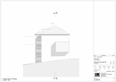Fasadetegning (Nord-Vest) av et nybygg ved Michael Krohns gate 35, som viser bygningens utseende, vinduer, tak og terrengforhold.