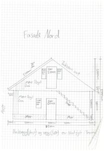 Håndtegnet fasadetekning av en bygning sett fra nord, med angivelse av materialer og mål.