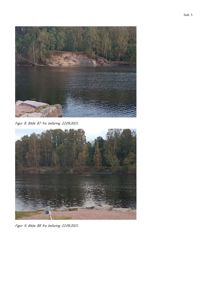 Fotografier av et vassdrag (sannsynligvis en elv eller innsjø) med skogkledde bredder, tatt under en befaring 22.09.2021.