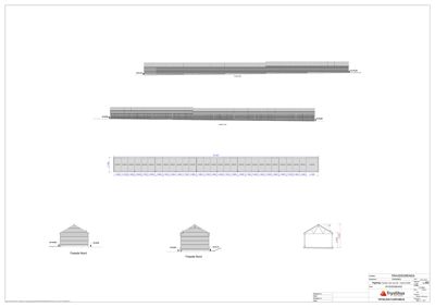 Bildet viser fasadetegninger for en bygning, inkludert oppriss av fasaden sett fra nord og detaljerte tegninger av takkonstruksjonen.