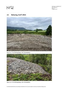 Fotografier fra en befaring av et byggefelt, som viser terrengforhold og skråningstopp mot Vinnesbekken.