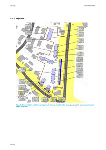 Situasjonsplan som viser bygningenes plassering i forhold til hverandre og omgivelsene, med støysoner og beregningsverdier.