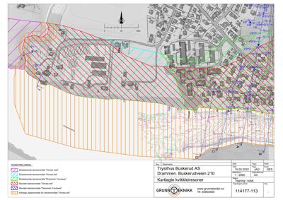 Situasjonsplan som viser kvikkleiresoner og leoneområder på en tomt i Drammen.