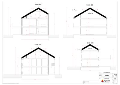 Bildet viser fire snittegninger (Snitt AA, DD, CC, BB) av en 2-roms bolig med kaldt loft.