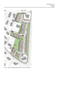 Situasjonsplan som viser tomtens grenser, naboeiendommer og plassering av nye boliger (hus A, B, C, D) og leilighetskomplekset (LEK).
