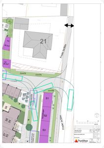 Situasjonsplan som viser tomt, naboeiendom, beplantning og bygningens plassering.