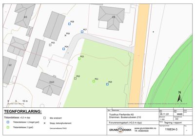 Situasjonsplan som viser forurensningskart over et område med bygninger, grunntilstandsklasser (PG1-PG9), og teknisk informasjon i bunntekst.