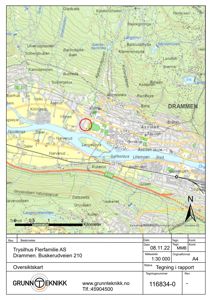 Oversiktskart som viser bygningens plassering i Drammen med nabolag og veisystem.