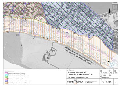 Situasjonsplan som viser kvikkleiresoner og løsmålerområder i forhold til bygningene på tomta.