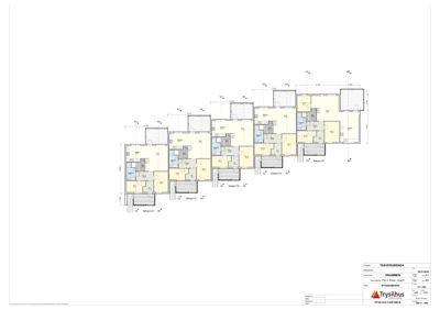 Etasjeplan som viser romfordeling og mål for flere boliger i en leilighetsbygg.