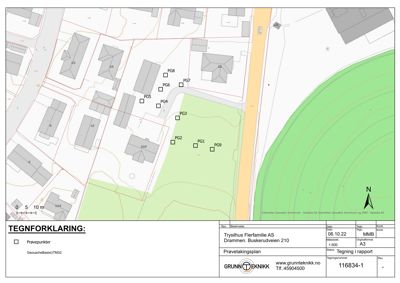 Prøvetakingsplan (situasjonsplan) som viser bygningenes plassering på tomten, prøvepunktene (PG1-PG9), og omgivelsene.