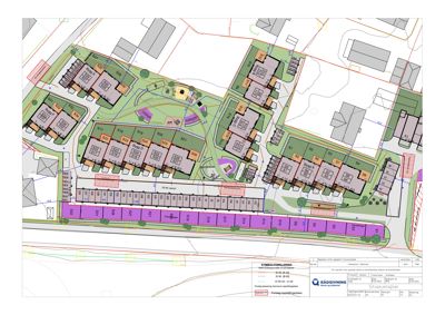 Situasjonsplan som viser tomtens oppdeling, plassering av boliger og veier.