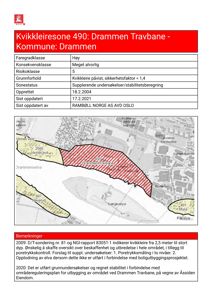 Kart som viser kvikkleiresone 490 i Drammen med overlappende informasjon om faregrad og grunnforhold.