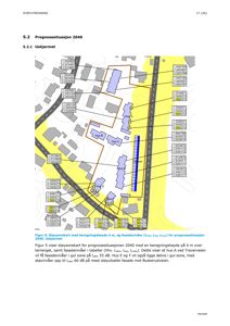 Støysonekart som viser beregningshøyde og fasadenivåer for prognosesituasjonen 2040, med hus og veier markert.