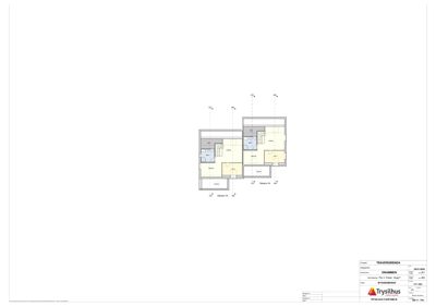 Etasjeplan (1. etasje) som viser romfordeling, stue, kjøkken, soverom og bad.