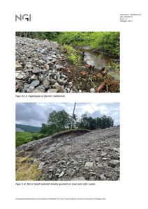 To fotografier som viser terrengforhold, stein og vegetasjon i et bekkenområde.