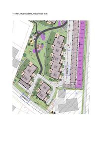 Situasjonsplan som viser en bebyggelsesplan med husrekker, veier, grøntområder og tomtegrenser.