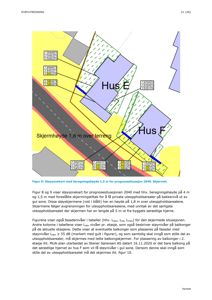 Situasjonsplan som viser støysoner (støysonekart) for Hus E og Hus F, med angivelse av skjermmøye og beregningshøyde.