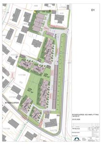 Situasjonsplan som viser tomtens grenser, naboeiendommer, byggefelt og plassering av hus i et boligområde.