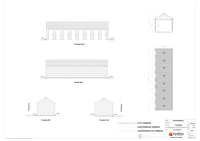 Fasadetegning som viser utsiden av en bygning sett fra fire sider (Nord, Sør, Øst, Vest).