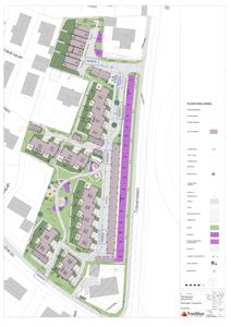 Situasjonsplan som viser tomtens utforming, bygningers plassering, veier og beplantning.