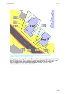 Situasjonsplan som viser to hus (Hus E og Hus F) i forhold til en vei og beregningshøyder for støysoner.